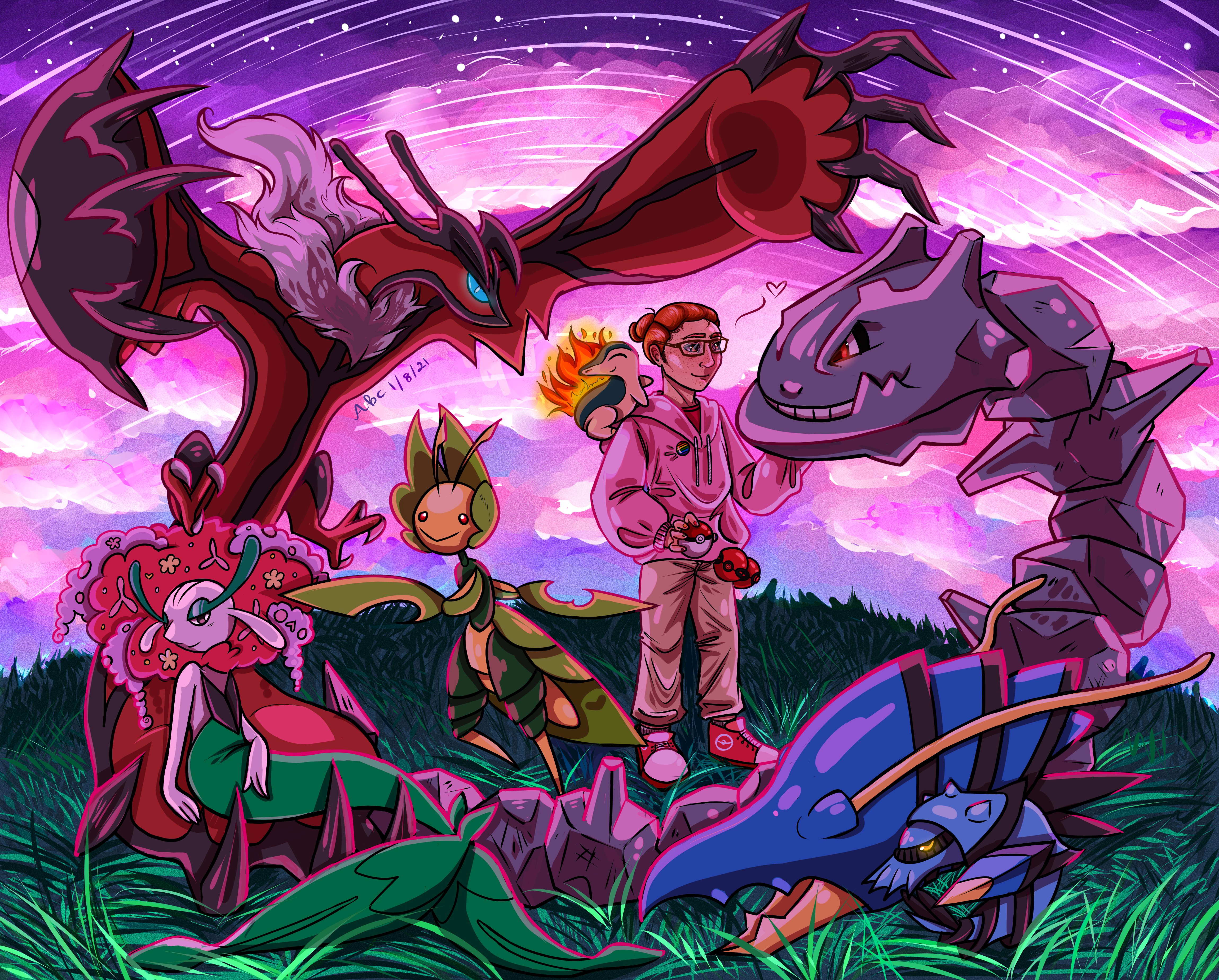 Commission of a Pokemon team with a purple and pink sunset illuminating everyone in pink. The trainer is a young man with ginger hair and freckles, petting a Steelix as a Cyndaquil sits on his lap. He holds a Pokeball and has a rainbow pin on his hoodie. Clawitzer sits near Steelix's tail. Next to the trainer, a Leavanny leans towards a stretched Yveltal, holding a Florges lying down in its lowest wing.